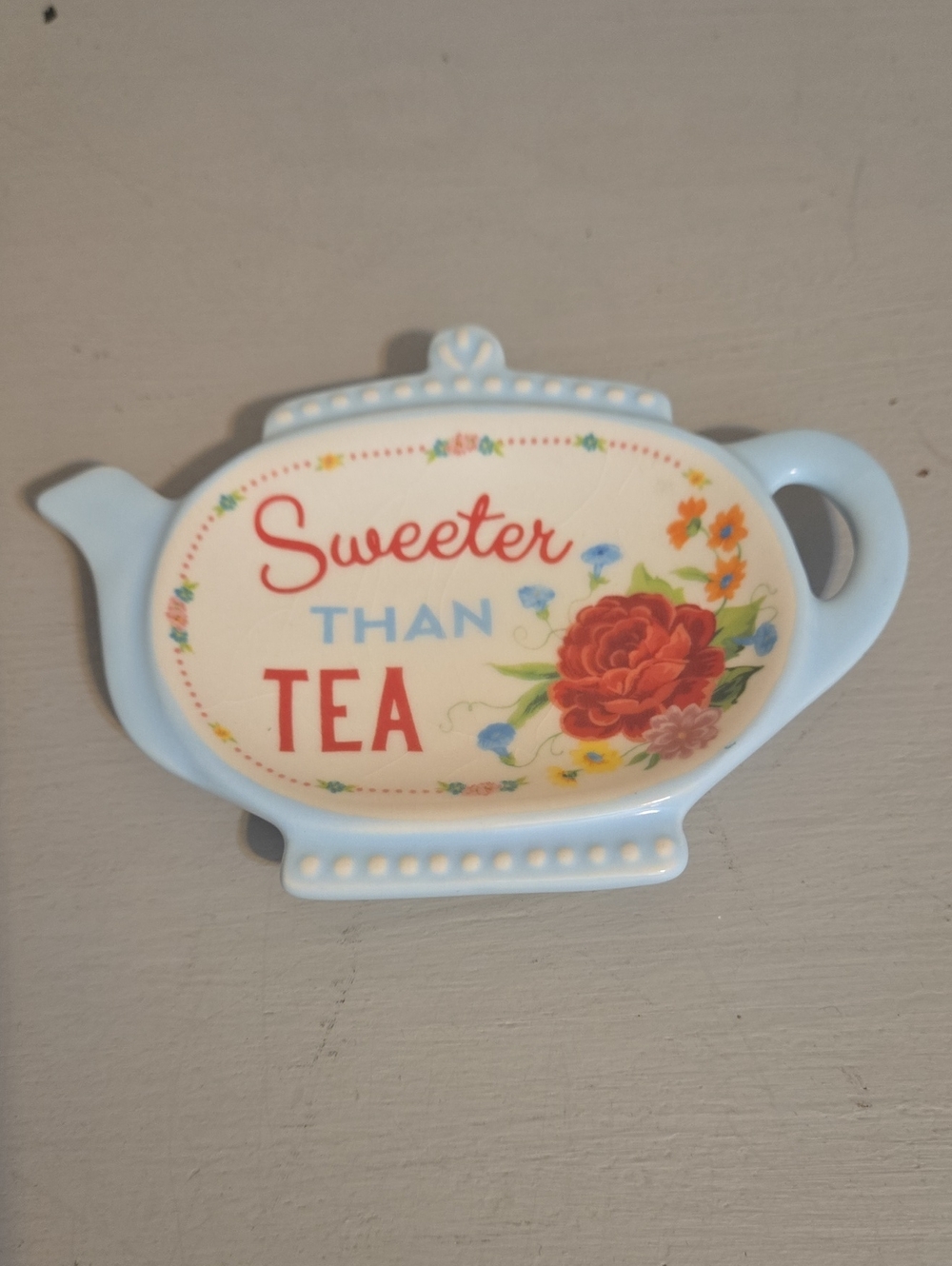 The Pioneer Woman Light Blue Tea Bag Holder with Floral Accent